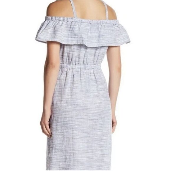 New!! Lucky Brand Large button-down pocket cold shoulder linen dress ruffle midi - Picture 2 of 14